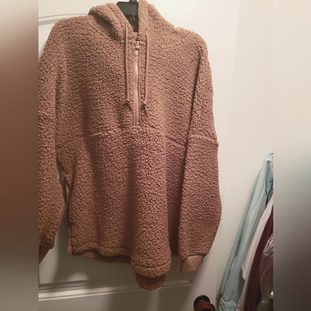 PINK Victoria's Secret Cozy Brown Sherpa 1/2 Zip Hoodie Size Large NWT